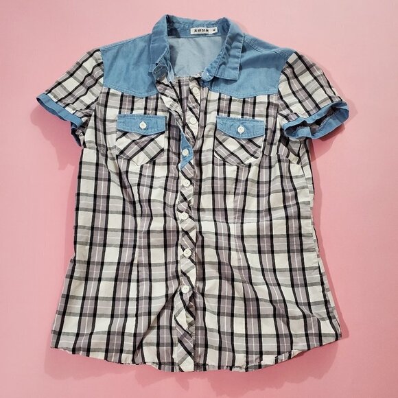 🤠 Black White Plaid Blue Denim Button Up Short Sleeve Shirt 🤠 - Picture 1 of 5